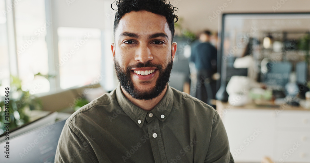 Aufkleber Portrait, man and programmer with smile in office of web development, software maintenance and coding. Male developer, confidence and computer for system update, application script and project safety
