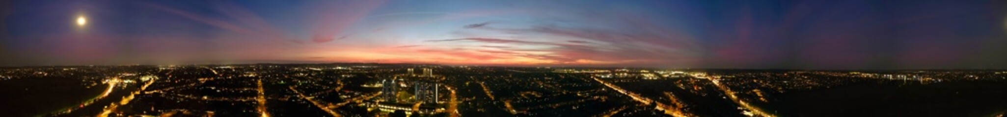 Aerial Panoramic Night View of Illuminated Central Luton City of England During Full Moon Night
