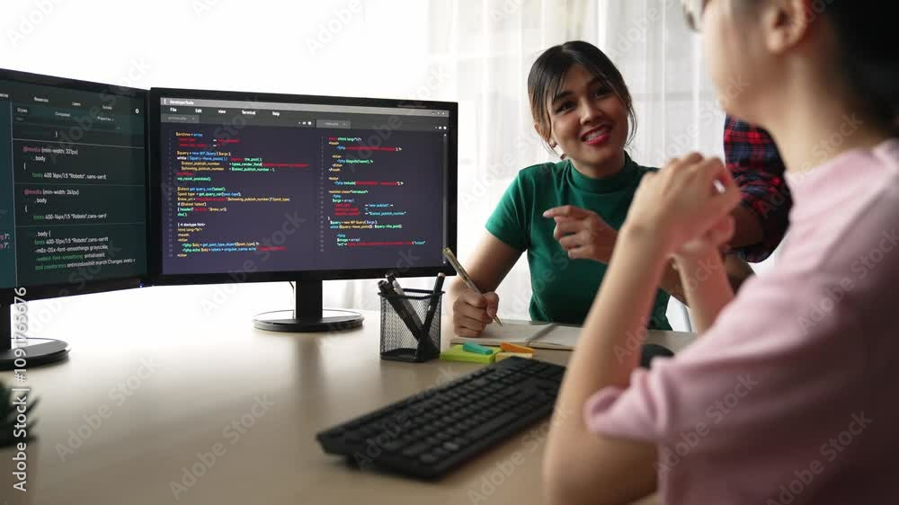 Poster slow motion back end software developer engineer for computer programming working together on debugg