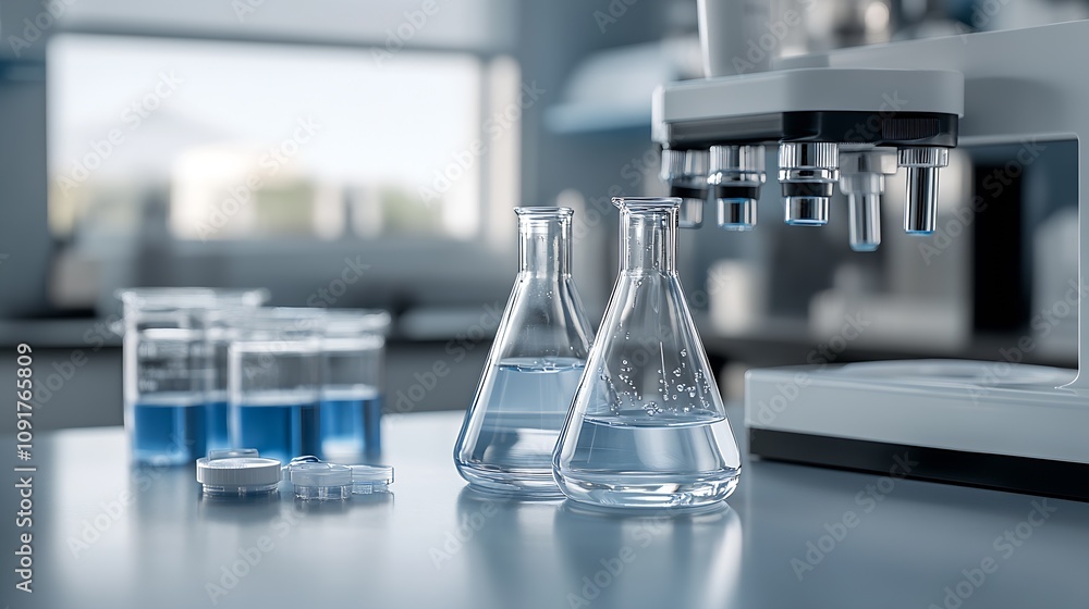 Poster laboratory glassware with liquid and microscope in modern scientific environment : generative ai