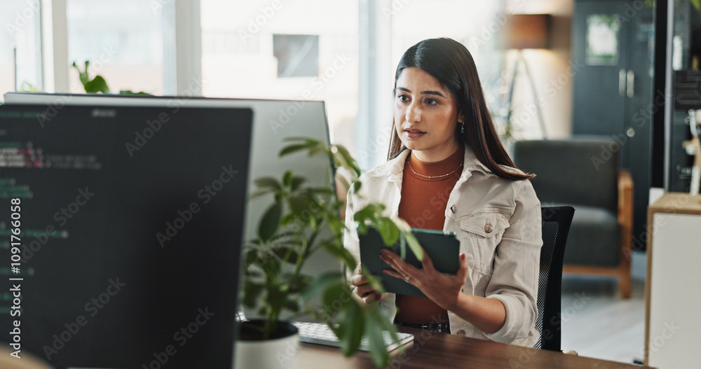 Aufkleber Code, business woman and engineer on tablet for software development, scroll database or online update. Programmer, digital technology and design ui, website network or app in creative startup office