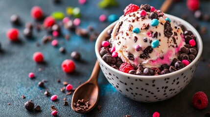 Naklejka premium Ice cream bowl with berries, chocolate chips, and candy