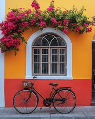 Vintage Bicycle Against Colorful Wall Bohemian Mediterranean Street Vibe : Generative AI