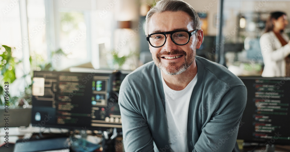 Poster Man, engineer and glasses in office for portrait, web programming and software development on screen. Mature programmer, happy and tech in agency for cybersecurity, coding or smile for startup growth