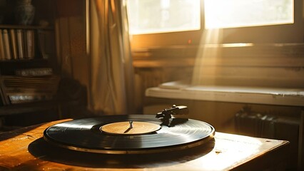 Obraz premium Classic Record Player Sitting on a Vintage Wooden Table.