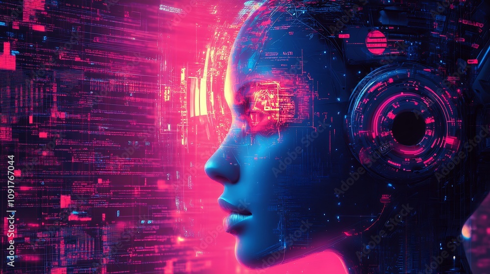 Poster tech interface futuristic woman immersed in digital world with neon elements : generative ai