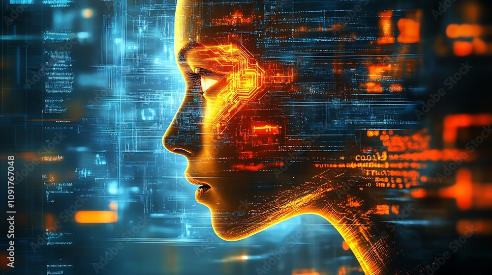 Aufkleber Neural Network Inspired Female Profile with Data Streams and Interface Lights : Generative AI