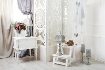 shabby chic room interior. Wedding decor, room decorated for shabby chic rustic wedding, with...