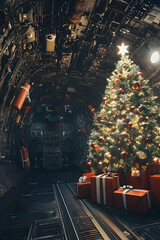 Decorated Christmas tree with gifts inside an airplane. Concept of Christmas celebration during flight, travel and holiday.