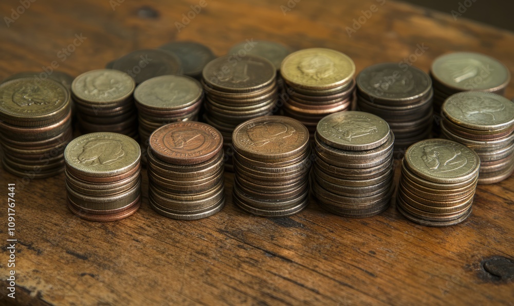 Aufkleber coins stacked on a rustic wooden surface showcase variations in height and size, symbolizing value a