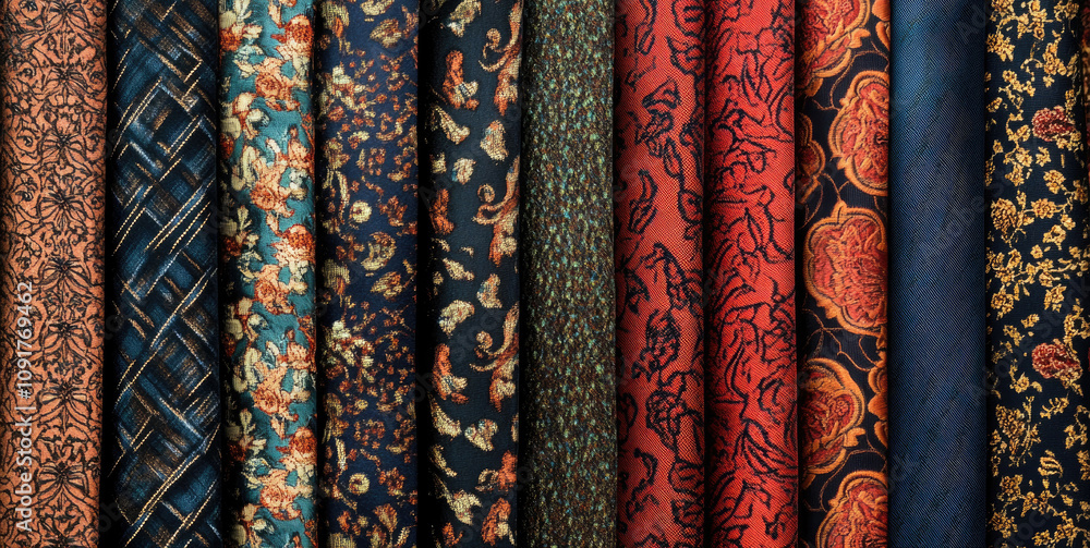 Poster various patterned fabrics with intricate designs and colorful motifs