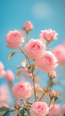 Enchanting Pink Roses Bloom Under Blue Sky Perfect for Nature Photography : Generative AI