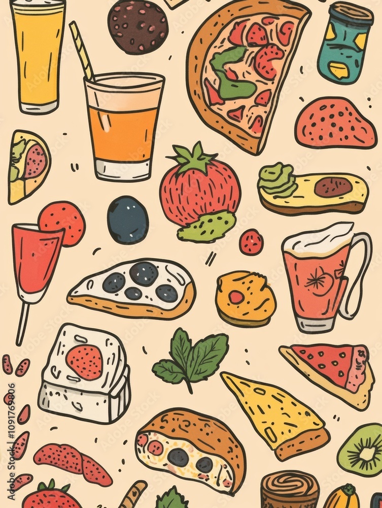 Poster this playful artwork features an array of delicious foods like pizza, sushi, fruits, drinks, and des