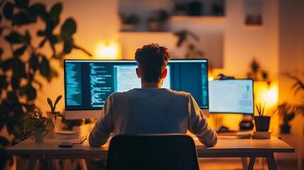 Dedicated Programmer Working on Multiple Screens in Dimly Lit Home Office : Generative AI