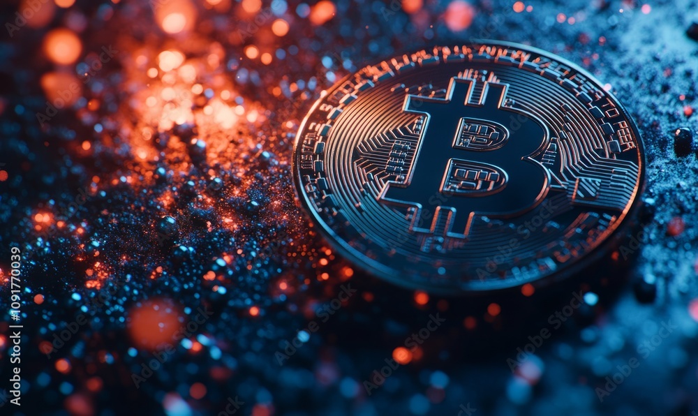 Poster digital representation of bitcoin illuminated on a vibrant blue background with glowing particles, s