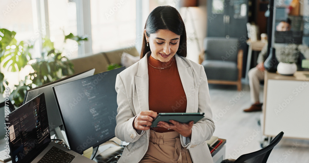 Aufkleber Programmer, business woman and research on tablet for software development, scroll or online update. Code, digital technology and happy worker design ui, website or ai app in creative startup office