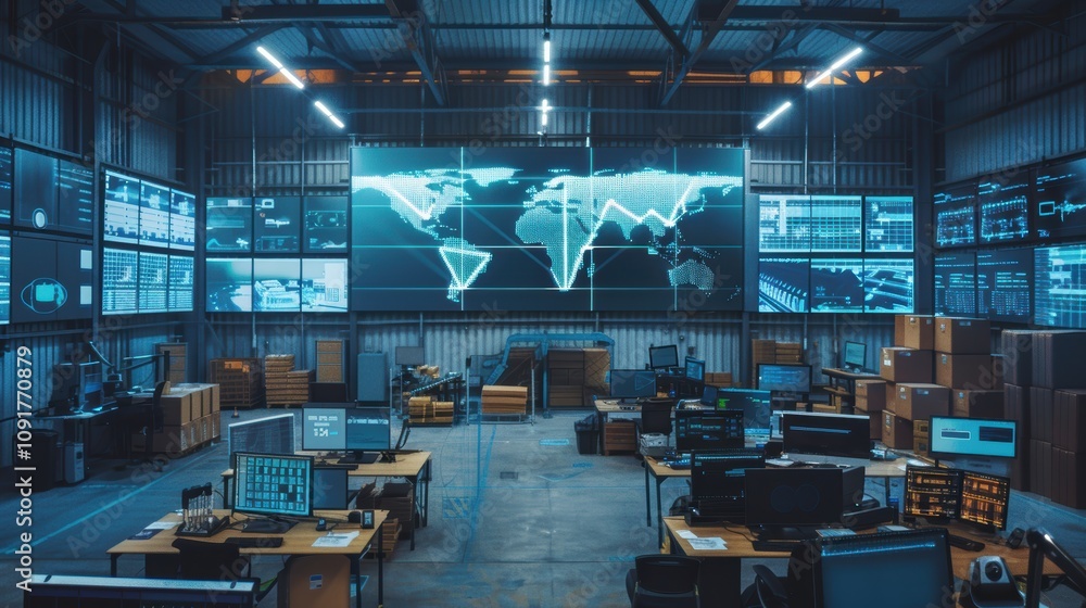 Aufkleber logistics control room monitoring warehouse operations with real-time data for efficiency