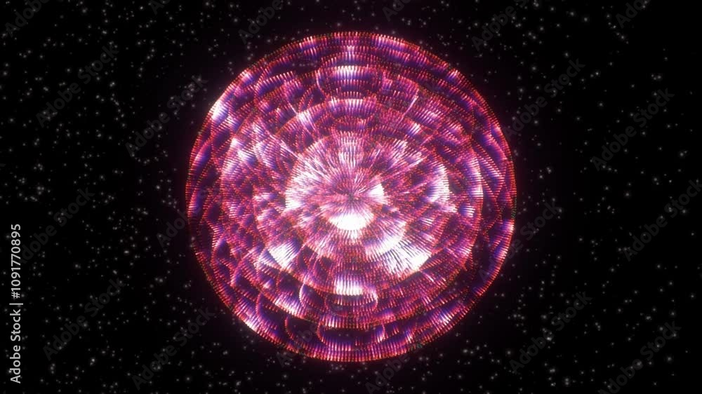 Poster pink symmetrically woven rings form a harmonious rotating sphere. video of space movement on the bac