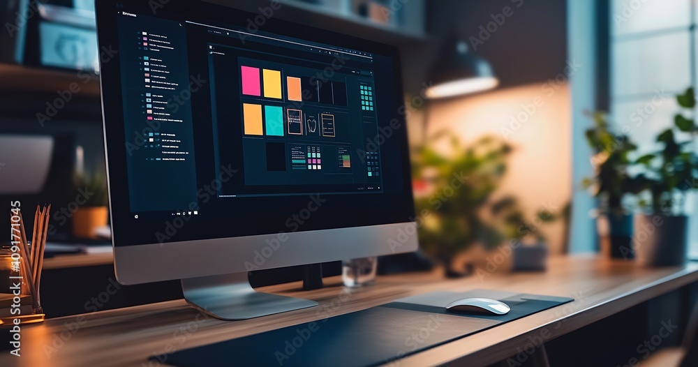Leinwandbilder Modern workspace with computer screen displaying graphic design software in a stylish office : Generative AI