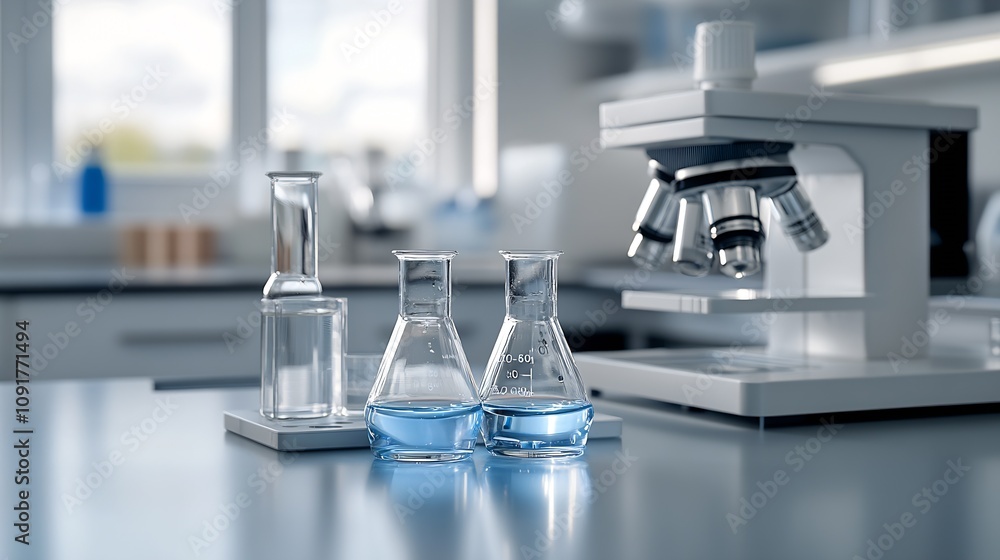 Poster scientific lab with blue liquid in beakers and high-powered microscope for research : generative ai