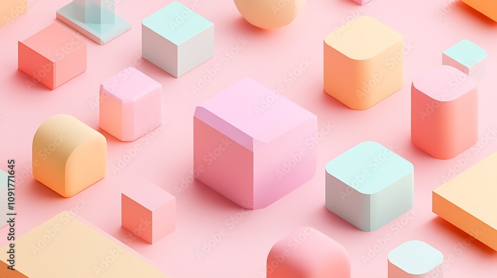 Poster pastel colored geometric shapes arranged on soft pink background : generative ai
