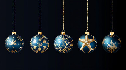 Set watercolor Christmas ball and decorative rounded hanging with snow effect isolated on black background. Collection different Christmas ball template. New year toy decoration vector illustration.