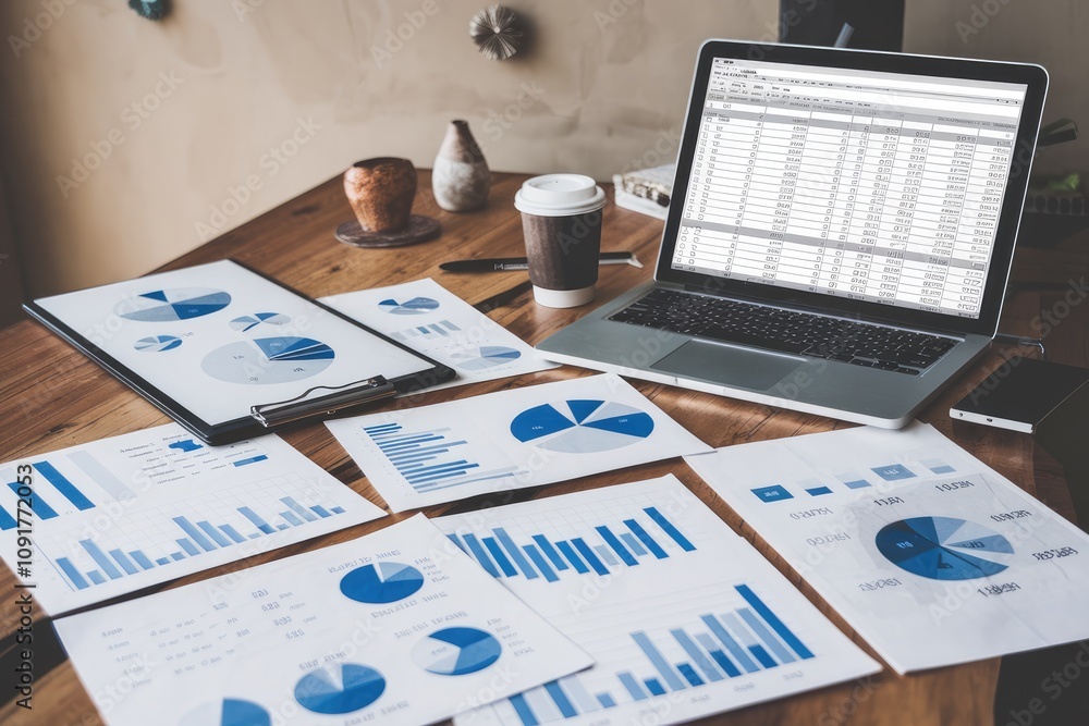 Poster marketing analyst examining charts and graphs on wooden desk with laptop