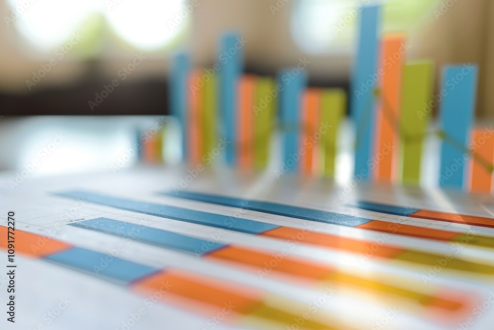 Poster colorful bar graphs are displayed on printed paper, illustrating data trends and statistics within a