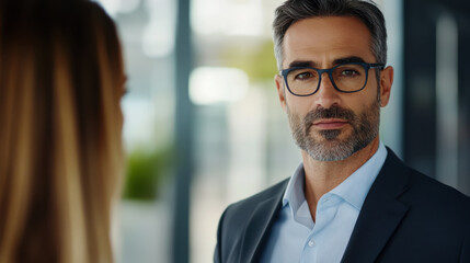 Business professional in smart attire engages in conversation at a modern office space during a bright afternoon