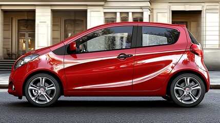 A red compact car parked on a city street, showcasing its sleek design and modern features.