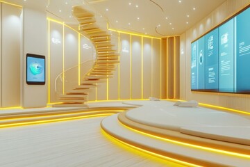 A futuristic training room with soft ivory soundproof panels, neon yellow LED lighting, and a floating spiral staircase with light wood steps, providing access to touch-sensitive AV displays.