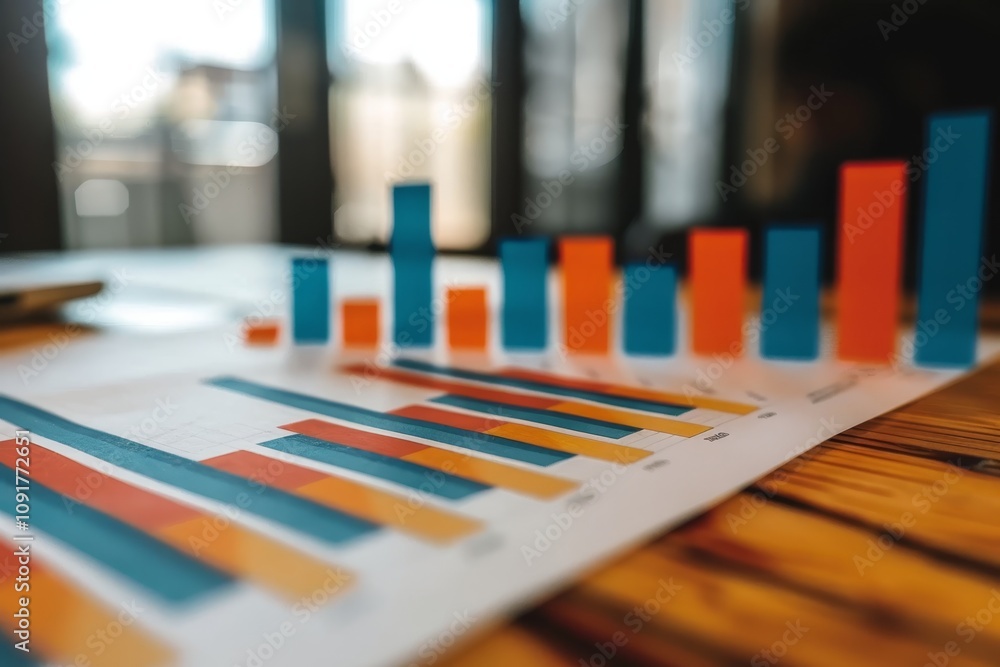 Poster colorful bar graphs display various data trends laid out on a wooden table, illuminated by sunlight 
