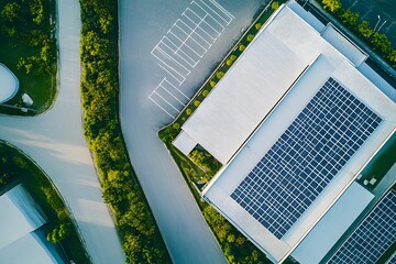 Clean energy solar cell on the roof of a mega factory, showcasing modern technology for sustainable industrial energy.