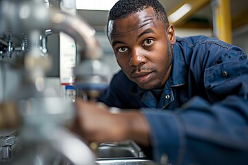Male plumber working on kitchen sink pipe in close-up view
