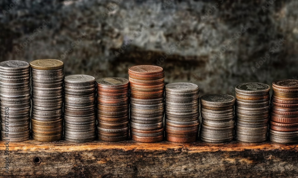 Aufkleber coins stacked on a rustic wooden surface showcase variations in height and size, symbolizing value a