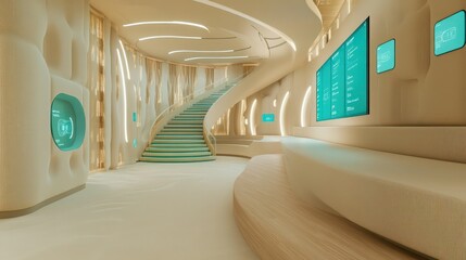 A futuristic training space featuring soft cream acoustic tiles, teal LED accents, and a spiral staircase with light wood treads, illuminated by touch-sensitive AV control systems.