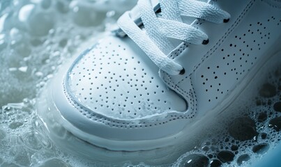 Close-Up of White Sneakers Being Washed in Water and Foam with Refreshing Feel