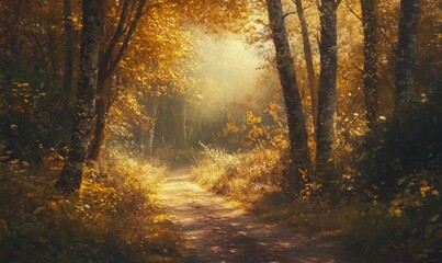 Obraz premium Golden Sunlight Filters Through Autumn Trees Along a Tranquil Forest Path in the Early Morning