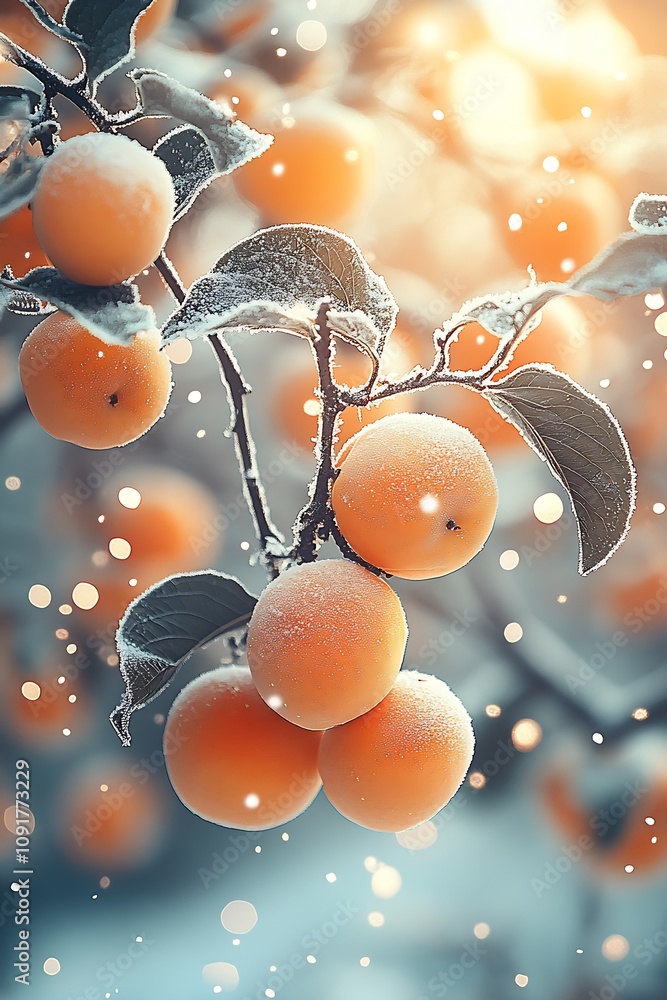 Poster frosted orange fruits on tree branches surrounded by gentle snowflakes : generative ai