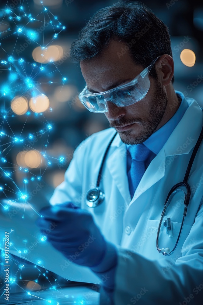 Poster medical doctor analyzing data with futuristic interface in hospital setting