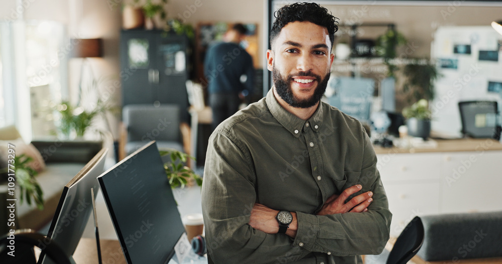 Aufkleber Portrait, man and programmer with confidence in office of web development, software maintenance and coding. Male developer, arms crossed and computer for system update, application and project script