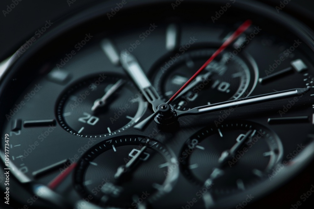 Poster the image captures a close-up view of a stylish black chronograph watch, showcasing its elegant dial
