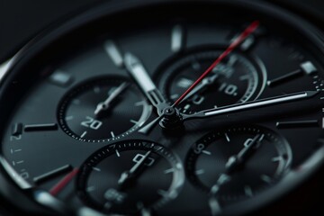 Fototapeta premium The image captures a close-up view of a stylish black chronograph watch, showcasing its elegant dials, intricate design, and precise timekeeping features under soft lighting.