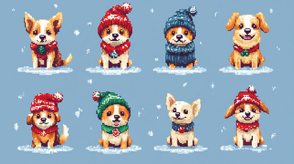 Cute dog breeds. Pixel art 80s style icons stickers and embroidery design. Video game sprite. Set of dog with hats and scarves, winter joy in pixel art vector illustration.