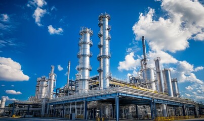 Fototapeta premium Industrial Chemical Processing Facility With Tall Storage Towers Under a Bright Blue Sky During the Day