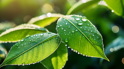 green leaf with water drops