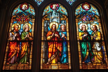 Four apostles praying in stained glass window depicting religious figures
