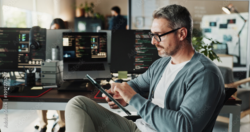 Poster Programmer, businessman and manager research on tablet for software development, scroll or online update. Code, digital technology and mature engineer design ui, website and app in creative startup