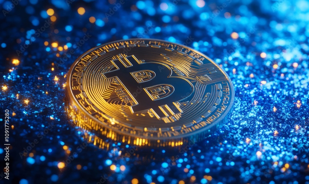 Poster digital representation of bitcoin illuminated on a vibrant blue background with glowing particles, s