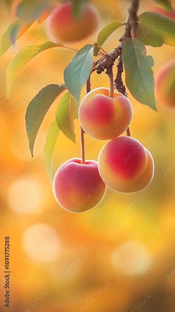 Poster Lush Peach Orchard at Dawn with Soft Bokeh and Fresh Foliage : Generative AI